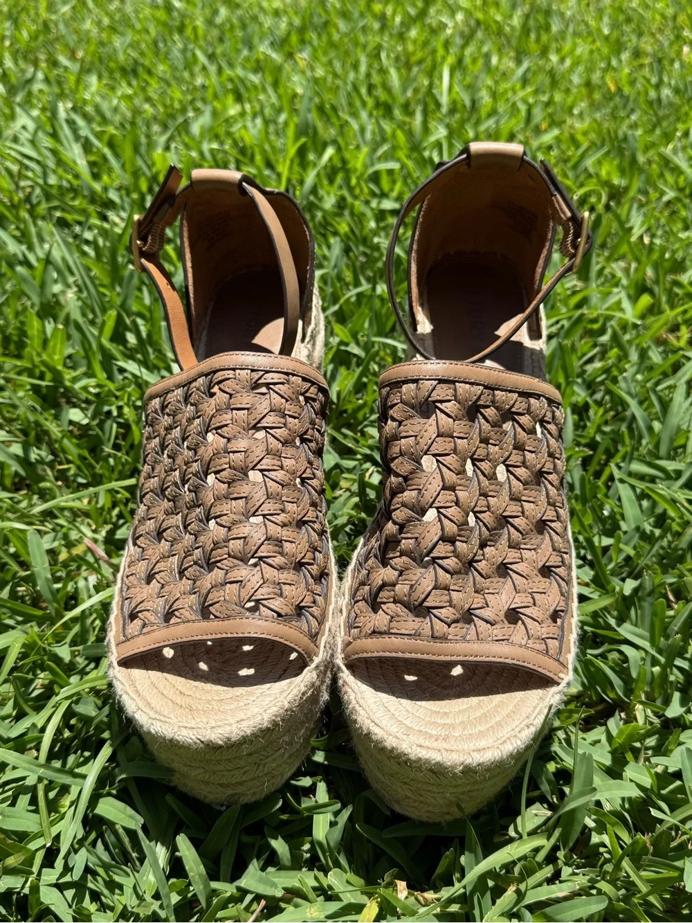 Tory Burch Woven Leather Espadrille Wedges - Tan